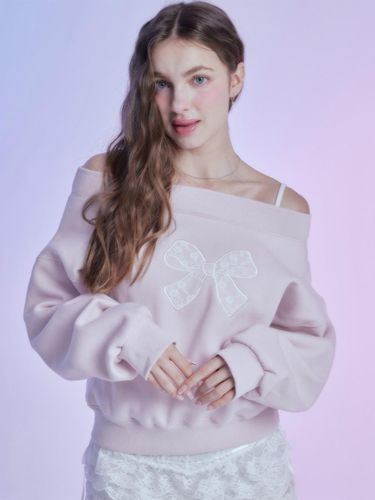 Ribbon Off-Shoulder Fleece Cotton Sweatshirt [Pink] - MOONFAIRY - Modalova