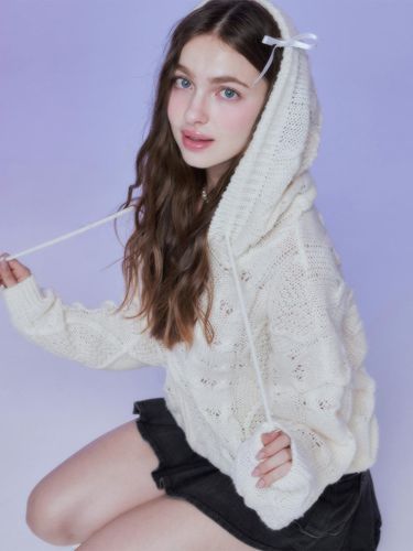 Cable Knit Hooded Oversized Zip-Up [Ivory] - MOONFAIRY - Modalova