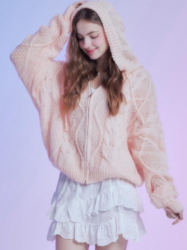 Cable Knit Hooded Zip-Up Jacket [Pink] - MOONFAIRY - Modalova