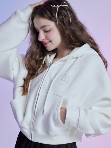 Round Logo Cropped Hooded Zip-Up [Cream] - MOONFAIRY - Modalova