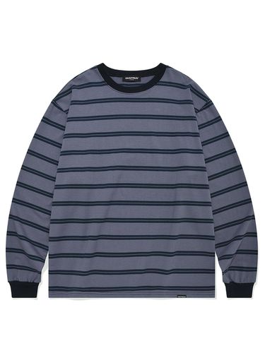 Double Bar Stripe Oversized Cotton Long Sleeve [Navy] - SAINTPAIN - Modalova