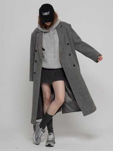 WOOL 100 DOUBLE HERRINGBONE LONG COAT GREY - MORELIKEIT - Modalova