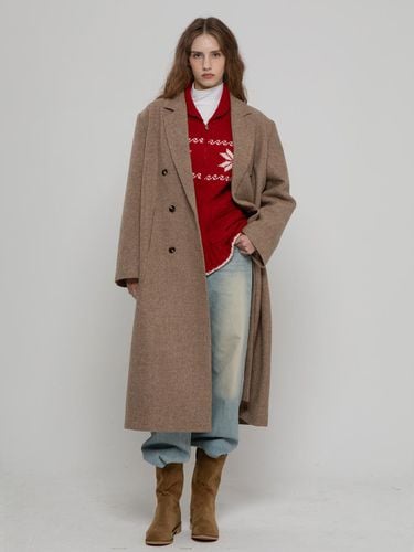 WOOL 100 DOUBLE HERRINGBONE LONG COAT BRWON - MORELIKEIT - Modalova