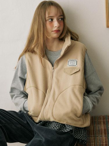 Comfy Fleece Zip Up Vest - Beige - ourhope - Modalova