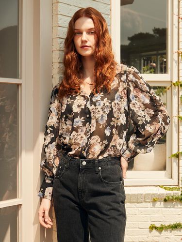 FLOWER PUFF SHIRRING BLOUSE_BLACK FLORAL - ouel - Modalova