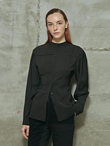 Pintuck China Collar Blouse Black - LIE - Modalova