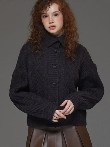 Wool Fisher High Neck Cardigan Charcoal - Awesomestudio - Modalova