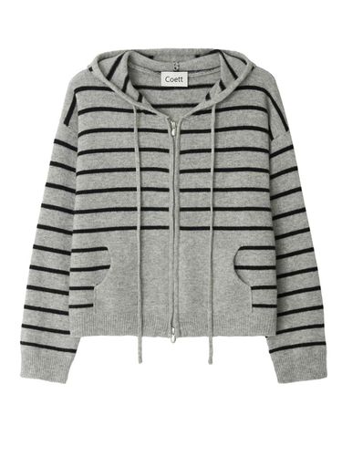 Coat] Hooded Zip-Up Wool Stripe Cardigan_Gray - Coett - Modalova