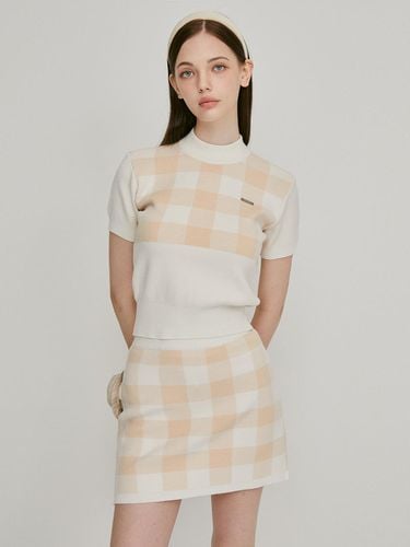 Side incision checkered knitwear skirt (beige) _L3 - LIKK - Modalova