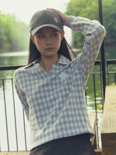 Notch neck gingham check sweatshirt (Gray) - LIKK - Modalova