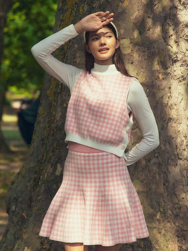 Gingham Checkered Flared Knitwear Skirt (Pink) - LIKK - Modalova