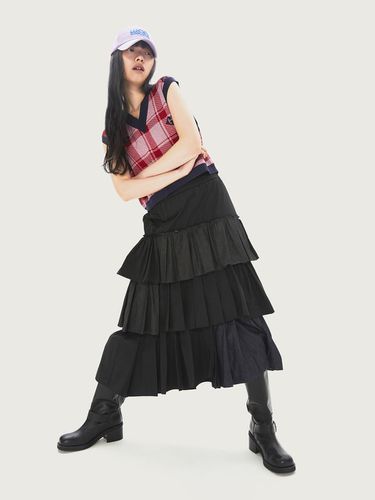 Denim Color Banded Waist Pleats Long Skirt_LFKAA24 - LUCKY CHOUETTE - Modalova