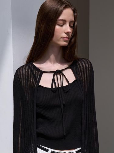 Scallop Linen Sleeveless Top Cardigan Set (L201) [Black] - L’oiE - Modalova