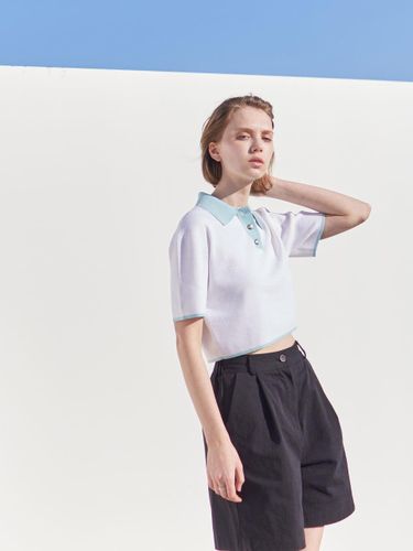 Color Block Short-sleeve Crop Polo Sweater [] - AYIHOLIC cashmere - Modalova