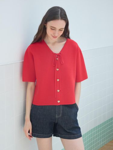 Heart Button Ribbon V-Neck Cardigan (GR5P1CD501) - JJ JIGOTT - Modalova