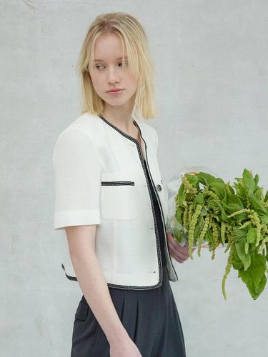 Color-block Tweed Collarless Blazer (L1G21WJK060) - Leshop blanc - Modalova