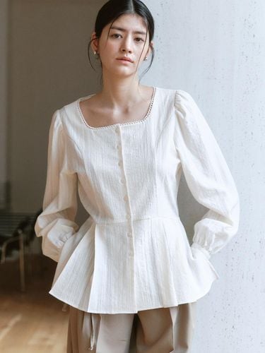 Lace Square-Neck Cotton Blouse [Cream] - ourcomos - Modalova