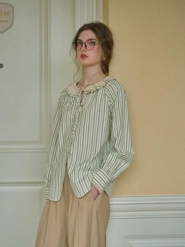 Double Lace Striped Ribbon Blouse [Green] - Simple Retro - Modalova