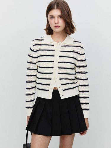 Unisex Open Collared Cotton Cardigan [Ivory Navy Stripe] (UDSW5A105IV) - Dunst for WOMEN - Modalova
