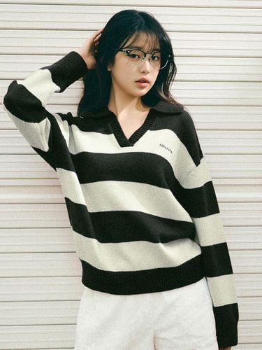 Wool Blended Oversized Stripe Collar Sweater [BK+IV] - ROLAROLA - Modalova