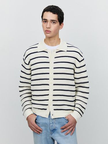 Unisex Open Collared Relaxed Fit Cardigan [Ivory Navy Stripe] (UDSW5A105IV) - Dunst for MEN - Modalova