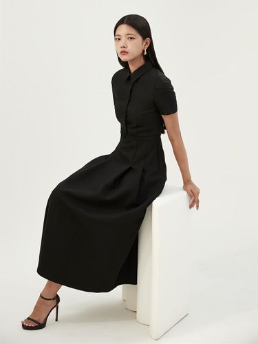 Belted Long Silk-Wool Dress [Black] - HAGAHI - Modalova