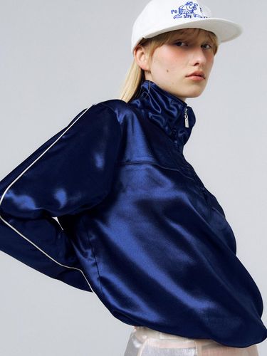 Satin Quarter Zip Blouse [Royal Navy] - PoshyFreckles - Modalova