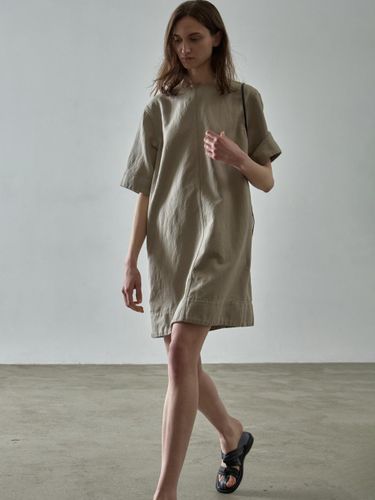 Linen Half Sleeve Dress [GREEN Beige] - FACADE PATTERN - Modalova