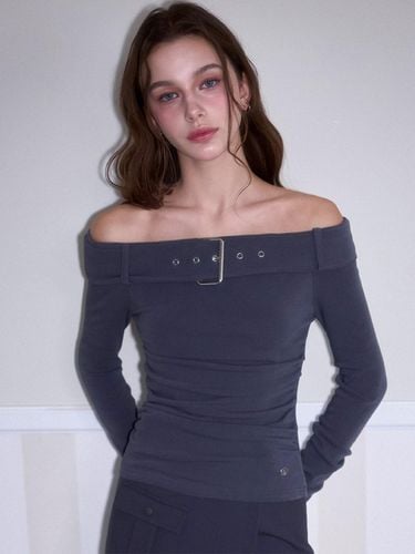 Belt Shirring Off-shoulder Long Sleeve T-Shirts [Charcoal] - Rosefrantz - Modalova