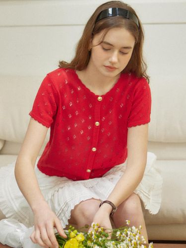 Goldish Button Punching Cardigan [RED] - ourhope - Modalova