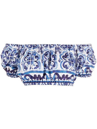 Maiolica Printed Cotton Cropped Top With Short Sleeves - Dolce & Gabbana - Modalova