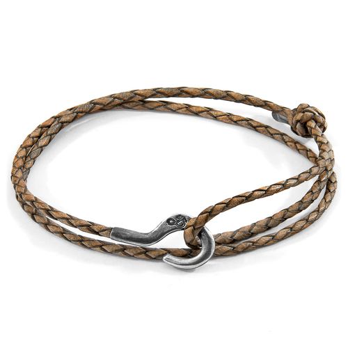 Taupe Charles Silver and Braided Leather SKINNY Bracelet - ANCHOR & CREW - Modalova