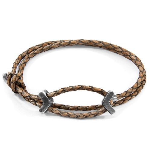 Taupe William Silver and Braided Leather SKINNY Bracelet - ANCHOR & CREW - Modalova