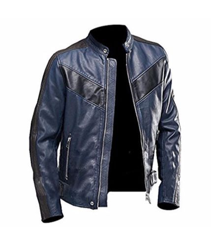 Cafe Racer Navy Blue Vintage Leather Jacket - Feather skin - Modalova