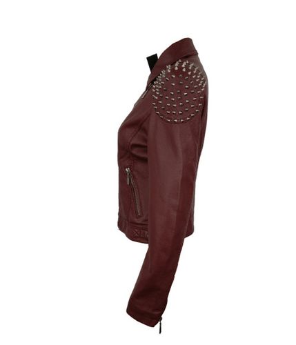 Womens Dark Brown Jacket with Metal Spike on Shoulders Perfect for Winter - Feather skin - Modalova