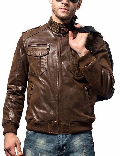 Men's Fashion Genuine Leather Jacket Brown 001 - Feather skin - Modalova