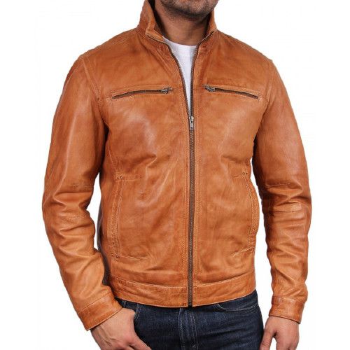 Men's Fashion Genuine Leather Jacket Tan 001 - Feather skin - Modalova