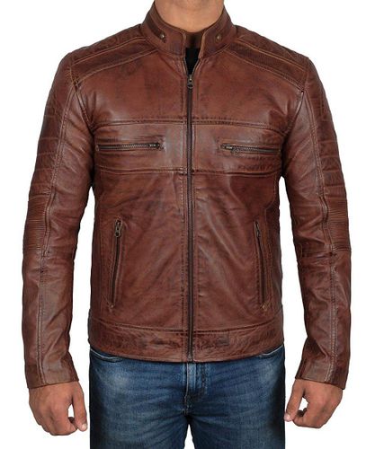 Cafe Racer Brown Waxed Vintage Genuine Leather Jacket - Feather skin - Modalova