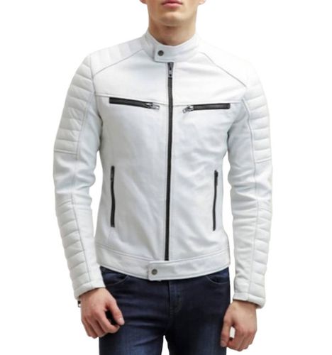 Men's Biker Style Motorbike White Genuine Leather Jacket BK003 - Feather skin - Modalova