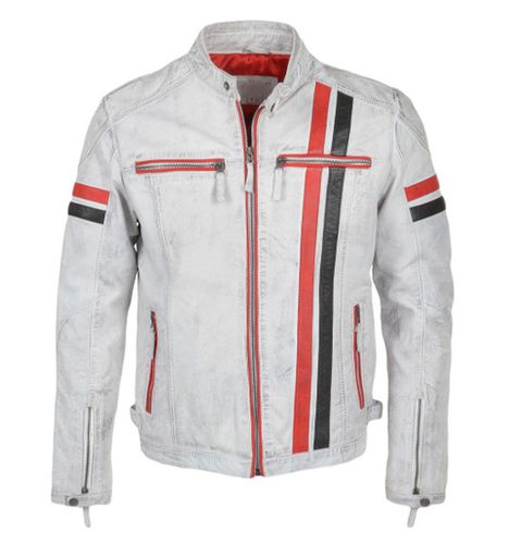 Men's Biker Style Motorbike White Genuine Leather Jacket BK004 - Feather skin - Modalova