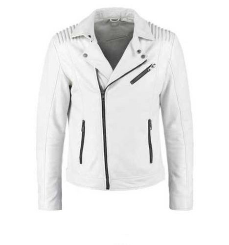 Men's Biker Style Motorbike White Genuine Leather Jacket BK005 - Feather skin - Modalova