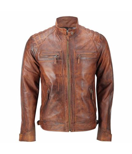 Sale Men's Biker Quilted Vintage Distressed Motorcycle Cafe Racer Leather Jacket - Feather skin - Modalova