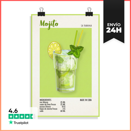Póster Vertical Mojito - Decoración Vintage - Ingredientes Cóctel - latostadora.com - Modalova