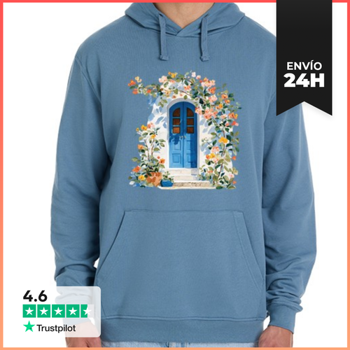 Sudadera Unisex Con Capucha Puerta Azul Floreada Con Bugambilias - latostadora.com - Modalova