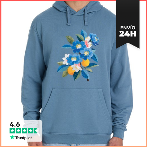 Sudadera Unisex Con Capucha Rama Florecida Azul Con Naranjas - latostadora.com - Modalova