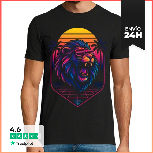 Camiseta Hombre Clásica Leon Rugiendo Con Gafas De Sol Synthwave - latostadora.com - Modalova