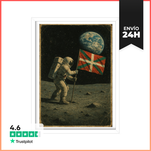 Cuadro Con Marco Vertical Astronauta En La Luna Con Bandera Vasca - latostadora.com - Modalova