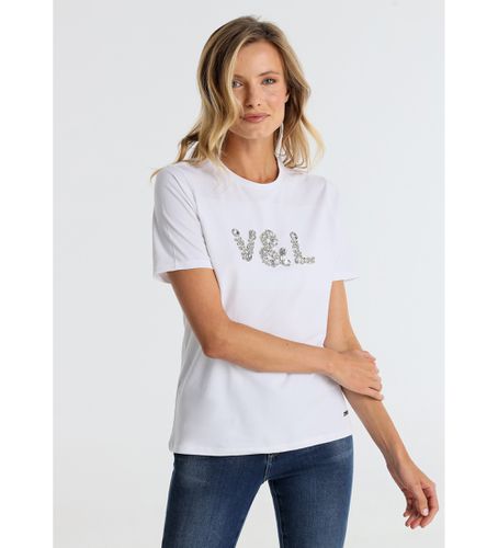 Til kvinder. 320188062 T-shirt med hvidt juvel-logo (XS), Casual, Bomuld, Korte ærmer - Victorio & Lucchino, V&L - Modalova