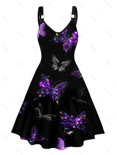 Women Valentine's Day Allover Colorful Butterfly Print Dress V Neck O-Ring A Line Dress Clothing S - DressLily.com - Modalova