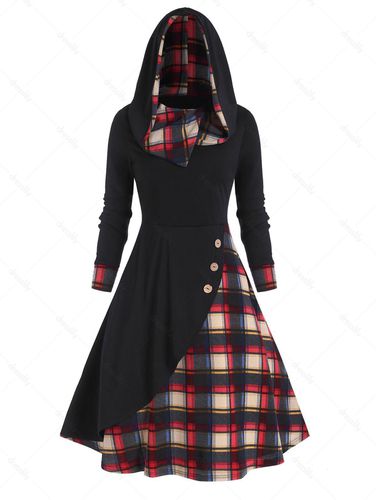 Fashion Women Plaid Hooded Mock Button Overlap Midi Dress Clothing Online - DressLily.com - Modalova
